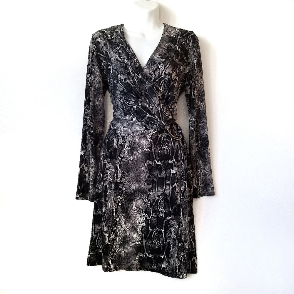 Laundry by Shelli Segal Faux Wrap Dress Snake Animal Print Gray Black